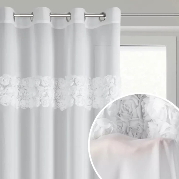 Bijela šifonska zavjesa ukrašena 3D aplikacijom ruže, 140x250 cm - ROSES8 - Eva Minge