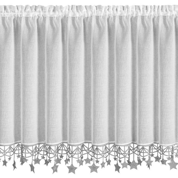 Bijelo-srebrna kuhinjska zavjesa od gaze ukrašena božićnim zvijezdama, tunel 150x90 cm - XMAS