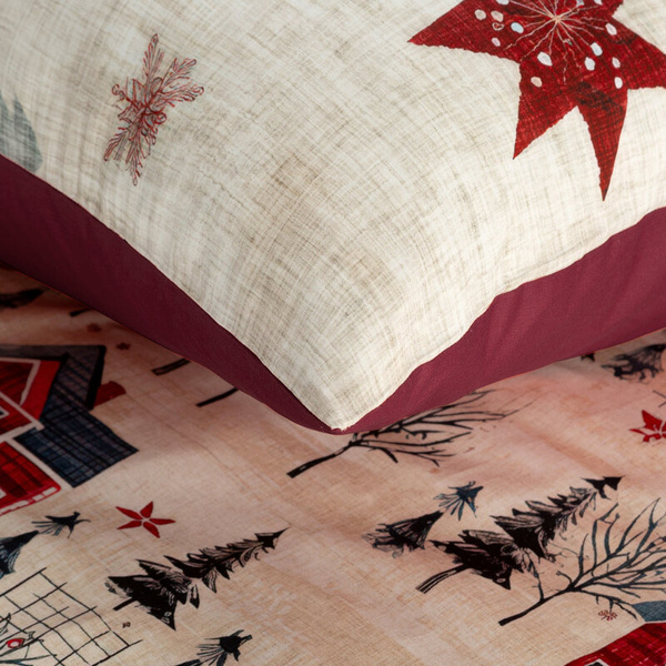 Božićna posteljina 140x200 cm pamučni saten, bordo, tamno krem ​​boja s printom zimskog grada ASHER