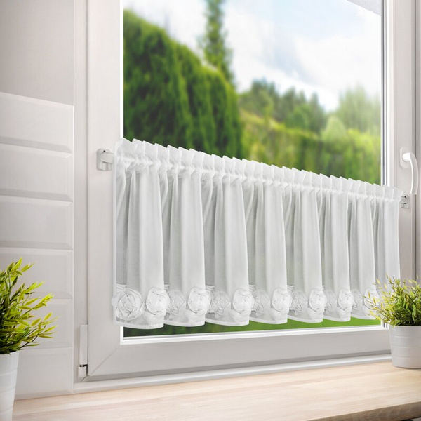 Bijela šifonska zavjesa za kuhinju ukrašena 3D ružama, 40x150 cm- ROSES11 Eva Minge