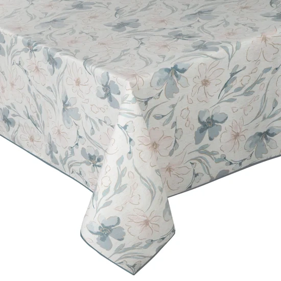 Stolnjak 145x300 s otisnutim pastelnim motivom cvijeća Ines 10 s dodatkom lana