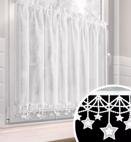 Bijela kuhinjska zavjesa od gaze ukrašena božićnim zvijezdama, tunel 150x90 cm - XMAS