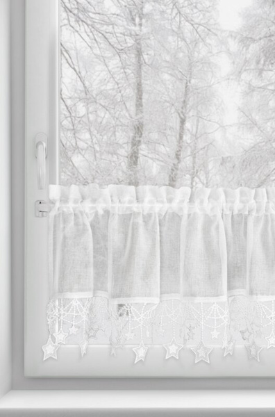 Bijela kuhinjska zavjesa od gaze ukrašena božićnim zvijezdama, tunel 150x30 cm - XMAS