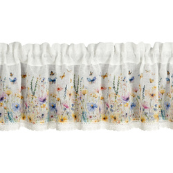 Bijelo-žuta kuhinjska zavjesa od gaze ukrašena cvjetnim printom i čipkom, 150x30 cm, tunel ROZALIE