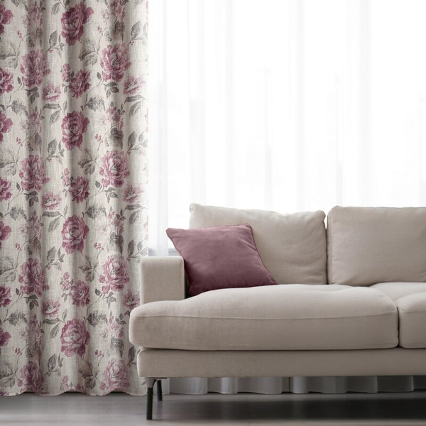 Zavjesa 140x250 od tkanine s dodatkom lana, ukrašena suptilnim cvjetnim printom- DAVENA