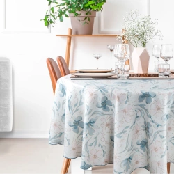 Okrugli stolnjak fi 150 cm s otisnutim pastelnim motivom cvijeća Ines 10 s dodatkom lana