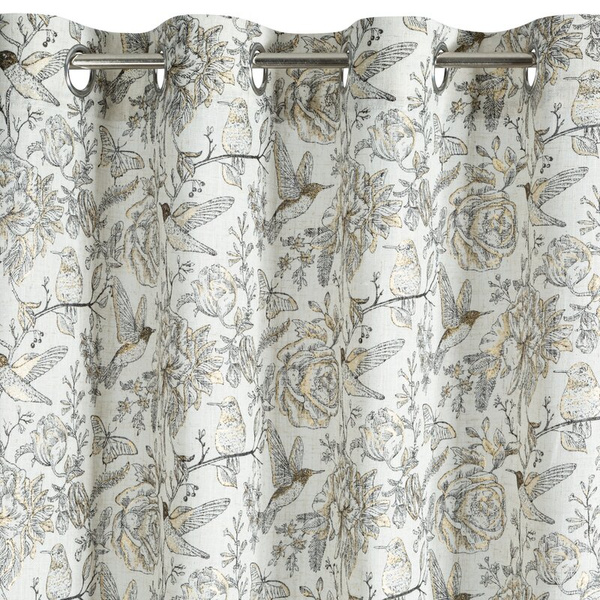 Zavjesa s prirodnim tkanjem i dodatkom lana, prirodne boje s botaničkim uzorkom ukrašenim zlatnim detaljima, 140x250 rupice - LUCINA 2