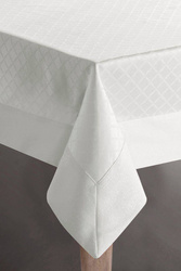 Obrus biały z żakardowym wzorem przetykanym lśniącą nicią z elegancką listwą 160x350 Klara 2  Eurofirany