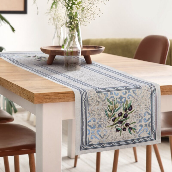 Goblen nadstolnjak 40x100 ukrašen motivom maslina u mediteranskom stilu