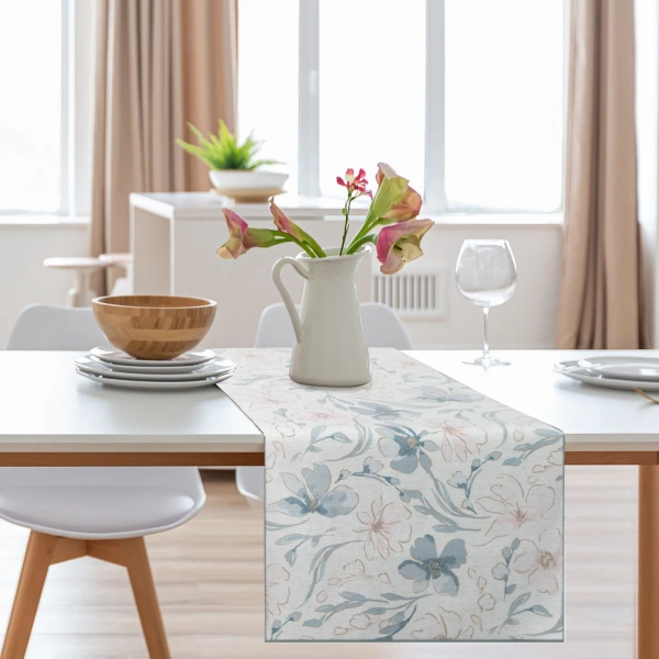 Okrugli stolnjak fi 150 cm s otisnutim pastelnim motivom cvijeća Ines 10 s dodatkom lana