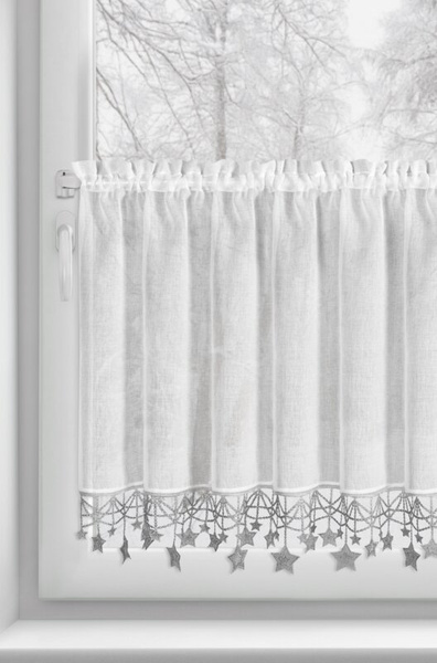 Bijelo-srebrna kuhinjska zavjesa od gaze ukrašena božićnim zvijezdama, tunel 150x60 cm - XMAS