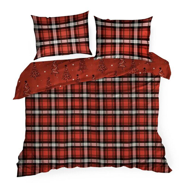 Božićni set posteljine 140x200 s motivom kariranog šara i slatkim božićnim drvcima Scarlet