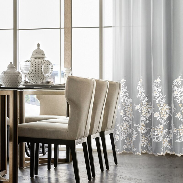 Krem mrežasta zavjesa ukrašena vezom s koncem boje šampanjca, 140x250 cm - ALIRA