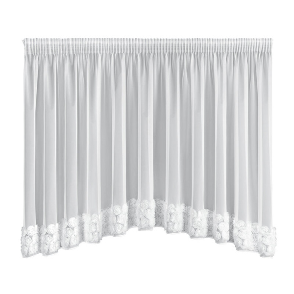 Kratka bijela mrežasta zavjesa ukrašena 3D lukom od ruže, 400x160 cm, traka - ROSES4 - Eva Minge