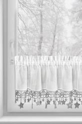 Bijelo-srebrna kuhinjska zavjesa od gaze ukrašena božićnim zvijezdama, tunel 150x30 cm - XMAS