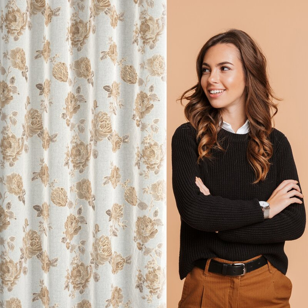 Zavjesa 140x250 ukrašena printom ruža s dodatkom zlata, izrađena od gaze, MELA 