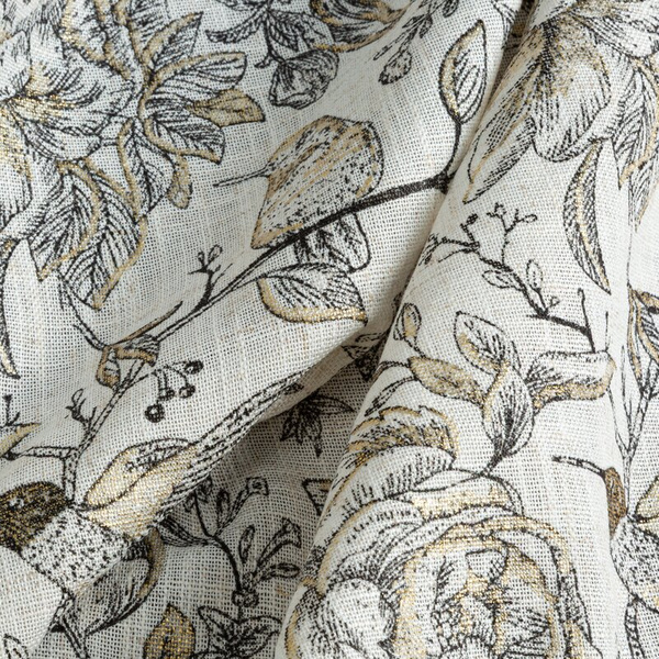 Zavjesa s prirodnim tkanjem i dodatkom lana, prirodne boje s botaničkim uzorkom ukrašenim zlatnim detaljima, 140x250 rupice - LUCINA 2