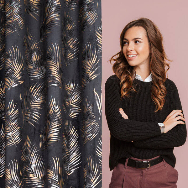 Crna zavjesa od mekog baršuna sa sjajnim printom palminog lišća 140x250 Gloria 