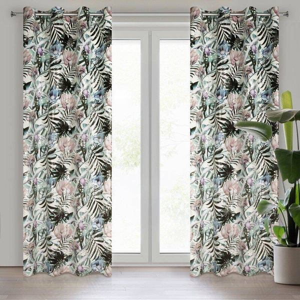 Zavjesa bijela, srebrna s uzorkom egzotičnog lišća od baršuna 140x250 cm MALIBU