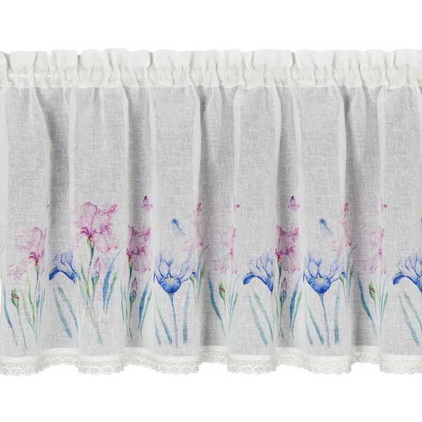 Bijela kuhinjska zavjesa od gaze ukrašena cvjetnim printom i čipkom, 150x60 cm, DOLOREZ tunel
