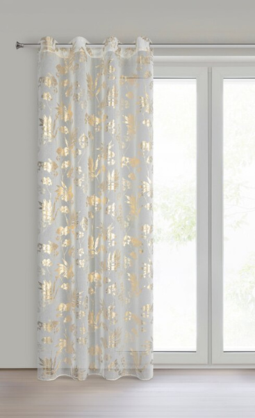 Bijelo-zlatna mrežasta zavjesa s biljnim motivom, 140x250 cm - DELIA