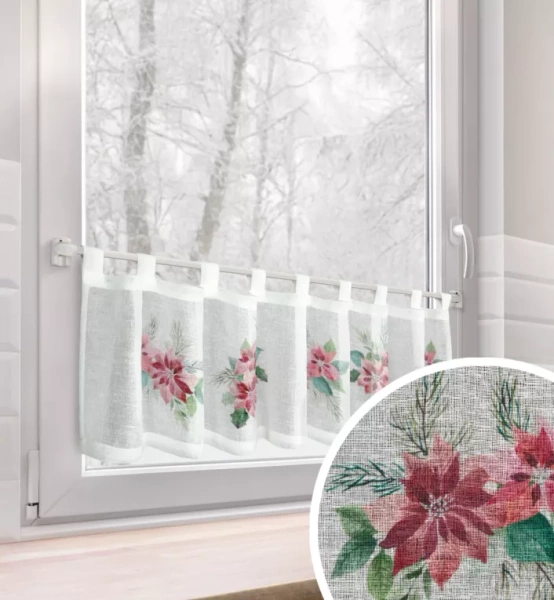 Božićna kuhinjska zavjesa, bijela i crvena, ukrašena printom božićne zvijezde, 150x30 cm, tregeri - XSMAS 3