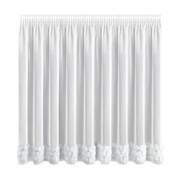 Bijela mrežasta zavjesa ukrašena 3D aplikacijom ruže, 350x160 cm, traka - ROSES3 - Eva Minge