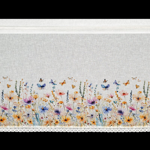 Bijelo-žuta kuhinjska zavjesa od gaze ukrašena cvjetnim printom i čipkom, 150x60 cm, tunel ROZALIE