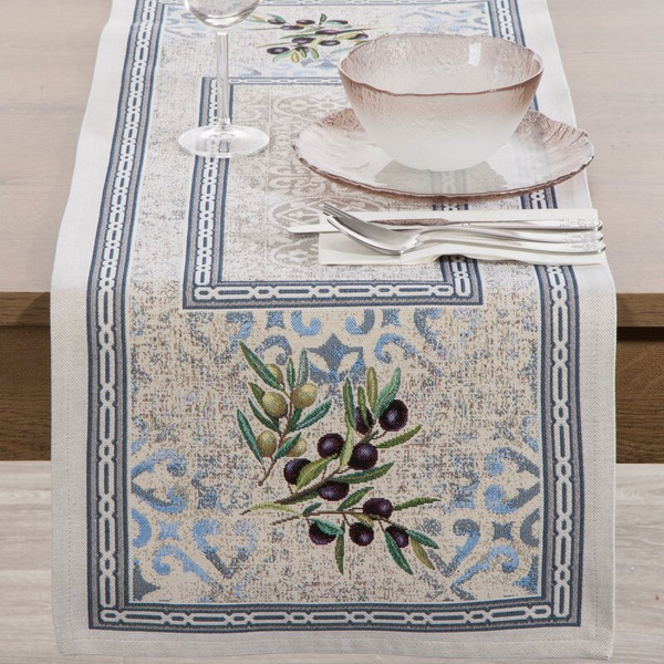 Goblen nadstolnjak 40x100 ukrašen motivom maslina u mediteranskom stilu