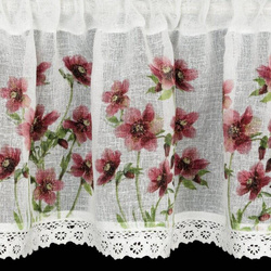 Zavjesa za kuhinju ukrašena printom crvenog cvijeća i čipkom 150x30 cm Isa