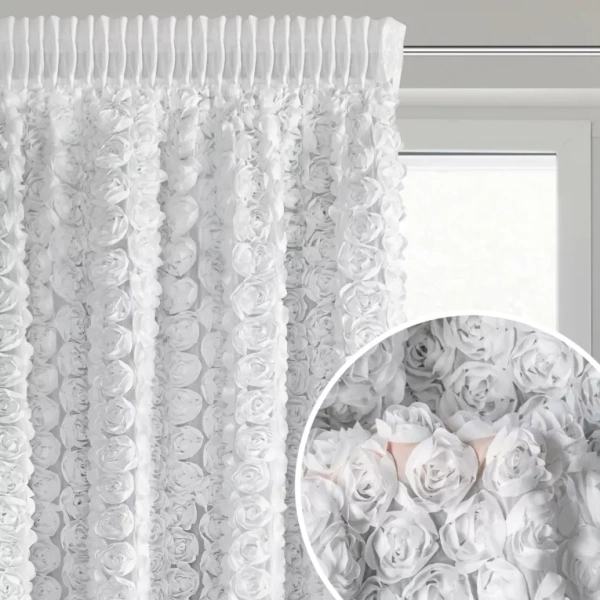 Bijela šifonska zavjesa ukrašena 3D ružama 140x270 cm traka - ROSES 6 Eva Minge