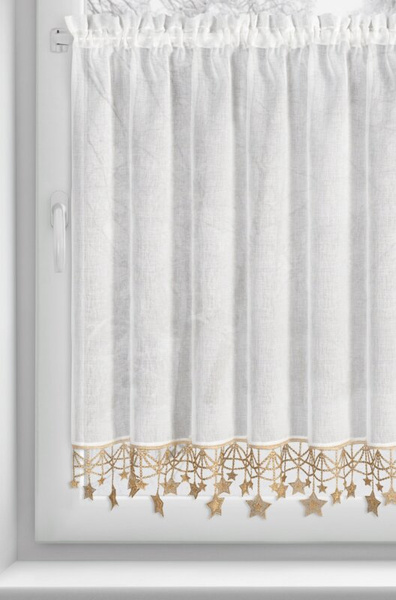 Bijelo zlatna kuhinjska zavjesa od gaze ukrašena božićnim zvijezdama, tunel 150x90 cm - XMAS