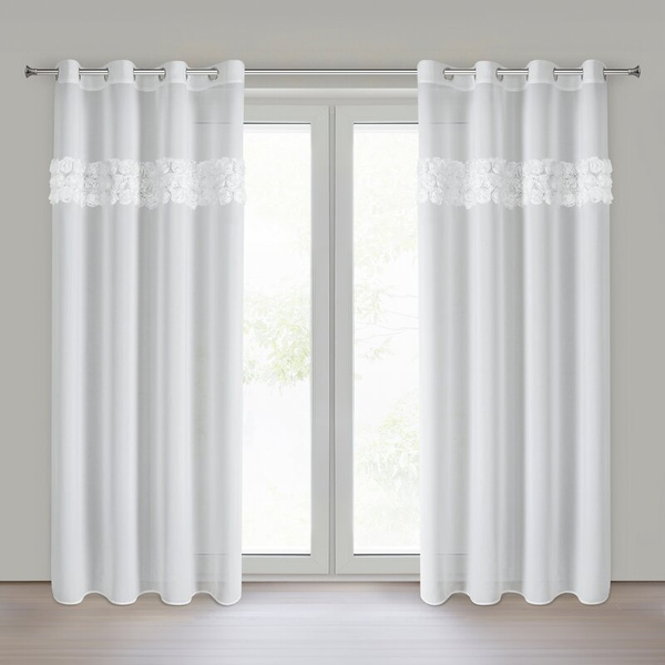 Bijela šifonska zavjesa ukrašena 3D aplikacijom ruže, 140x250 cm - ROSES8 - Eva Minge