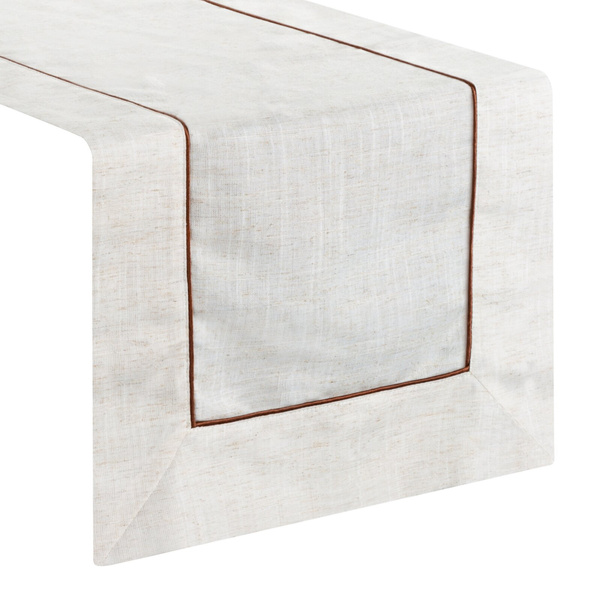 Trkač za stol prirodni stolnjak s ukrasnim volanima i smeđim rubom 40x180 s dodatkom lana Natura 09