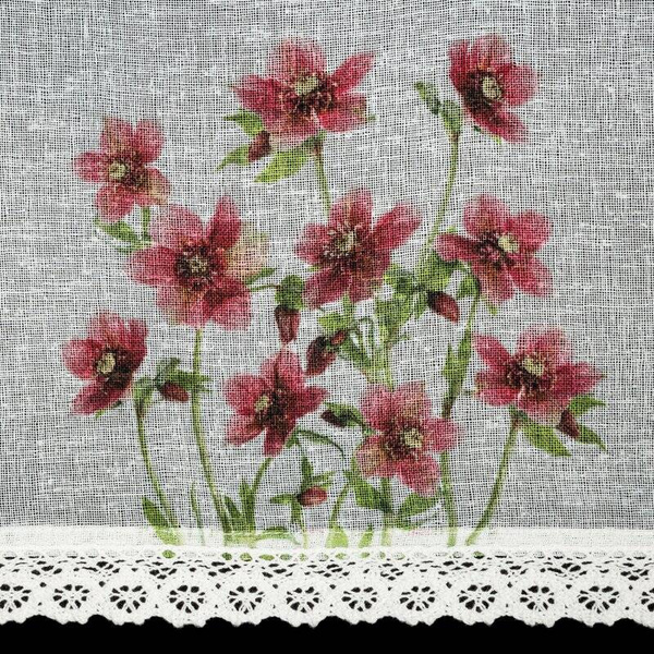 Zavjesa za kuhinju ukrašena printom crvenog cvijeća i čipkom 150x30 cm Isa