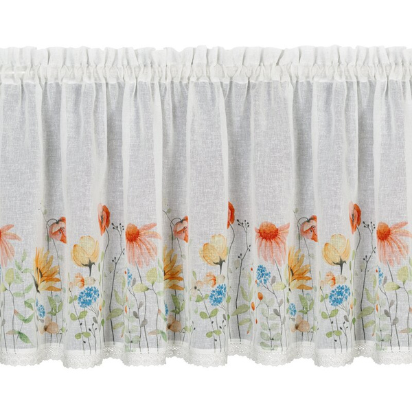   Zavjesa za kuhinju 150x60 od gaze ukrašena printom cvijeća i čipkom Nati