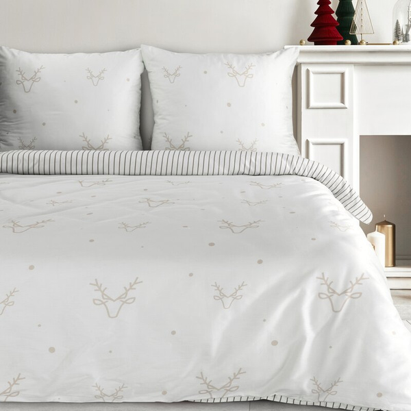 Božićni set posteljine 140x200 cm pamučni saten, bijela, bež, ukrašen suptilnim printom sobova BOSQUE