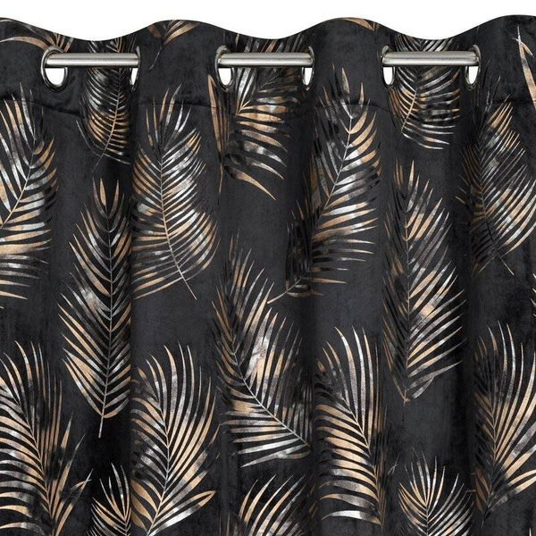 Crna zavjesa od mekog baršuna sa sjajnim printom palminog lišća 140x250 Gloria 