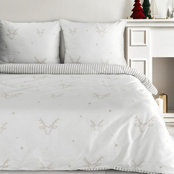 Božićni set posteljine 160x200 cm pamučni saten, bijela, bež, ukrašen suptilnim printom sobova BOSQUE