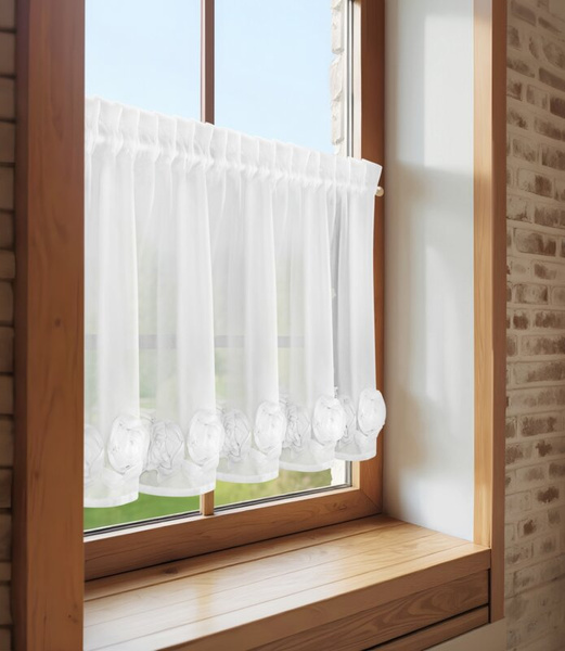 Bijela šifonska zavjesa za kuhinju ukrašena 3D ružama, 40x150 cm- ROSES11 Eva Minge