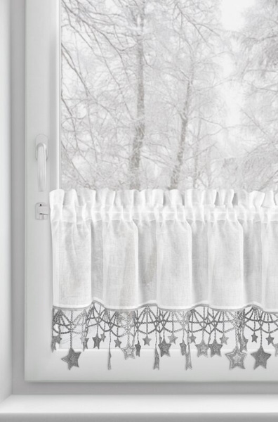 Bijelo-srebrna kuhinjska zavjesa od gaze ukrašena božićnim zvijezdama, tunel 150x30 cm - XMAS