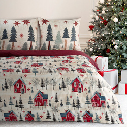Božićna posteljina 140x200 cm pamučni saten, bordo, tamno krem boja s printom zimskog grada ASHER