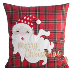 Božićna jastučnica 45x45 cm, crvena i bijela, karirana, ukrašena smiješnim vezom Djeda Mraza