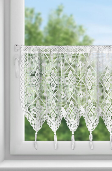 Ažurna kuhinjska zavjesa 150x60 u boho stilu s ukrasnim resicama MARTHA 