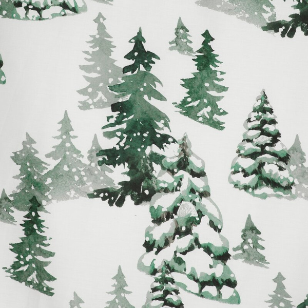 Božićni set posteljine 220x200 cm od pamučnog satena, bijela, tamnozelena, ukrašen zimskim printom, božićna drvca ZIMA