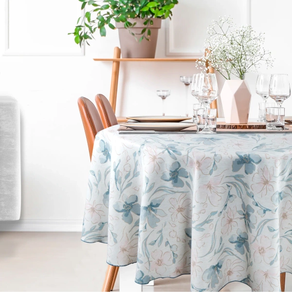 Okrugli stolnjak fi 150 cm s otisnutim pastelnim motivom cvijeća Ines 10 s dodatkom lana