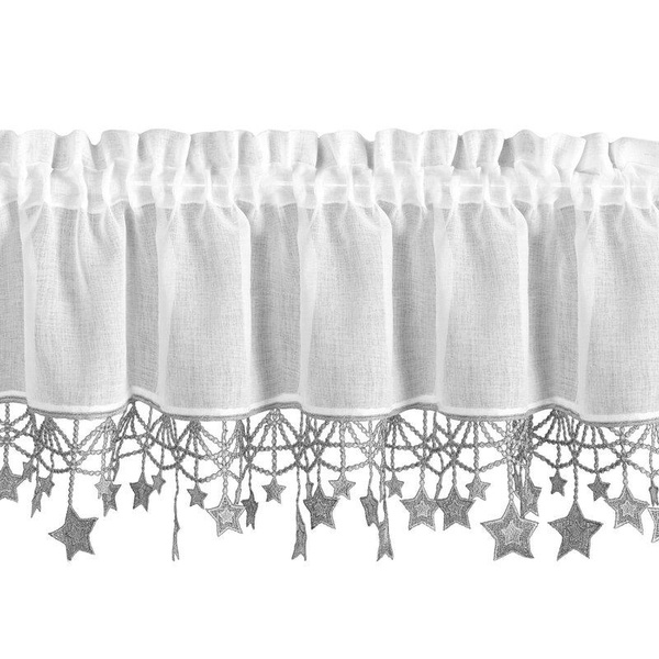 Bijelo-srebrna kuhinjska zavjesa od gaze ukrašena božićnim zvijezdama, tunel 150x30 cm - XMAS