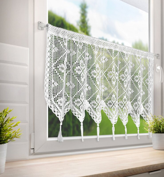 Ažurna kuhinjska zavjesa 150x60 u boho stilu s ukrasnim resicama MARTHA 