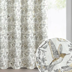 Zavjesa s prirodnim tkanjem i dodatkom lana, prirodne boje s botaničkim uzorkom ukrašenim zlatnim detaljima, 140x250 rupice - LUCINA 2