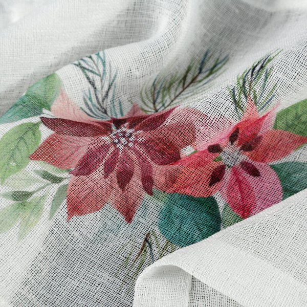 Božićna kuhinjska zavjesa, bijela i crvena, ukrašena printom božićne zvijezde, 150x30 cm, tregeri - XSMAS 3